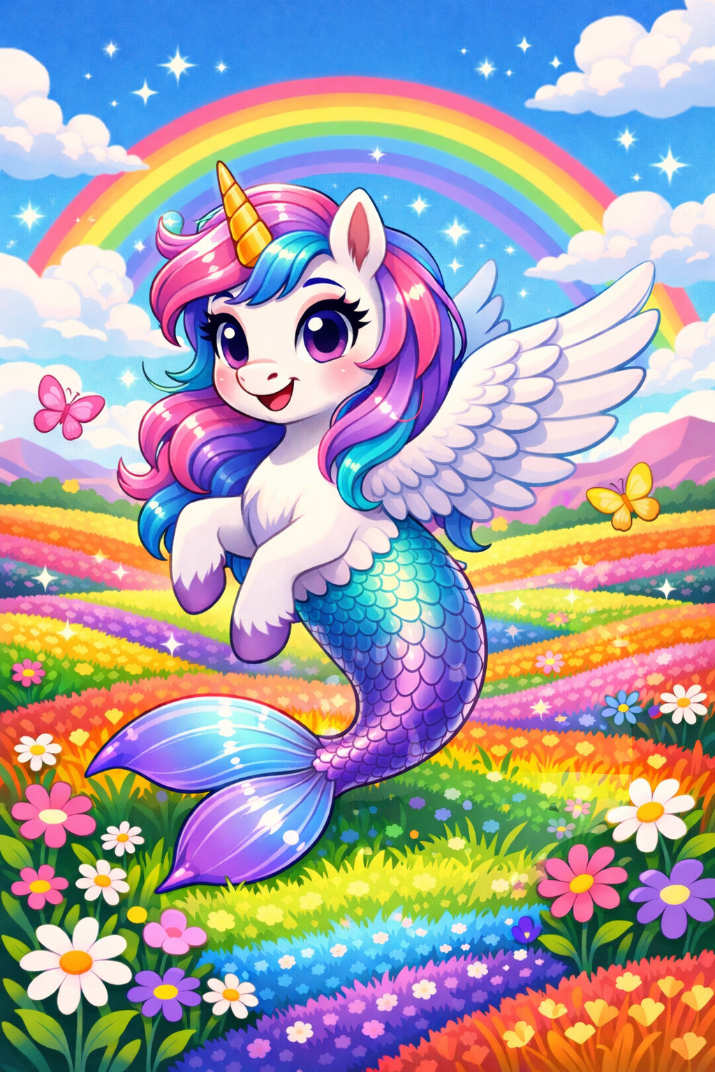 AI-generated, cartoon-styled image of a creature who is a unicorn with wings and a mermaid tail, standing in a field filled with rainbow-colored flowers. There is a rainbow in the bright blue sky above her.