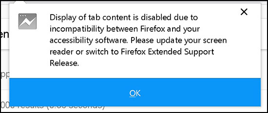 Firefox dialog stating 'Display of tab content is disabled due to incompatibility between Firefox and your accessibility software. Please update your screen reader or switch to Firefox Extended Support Release.'