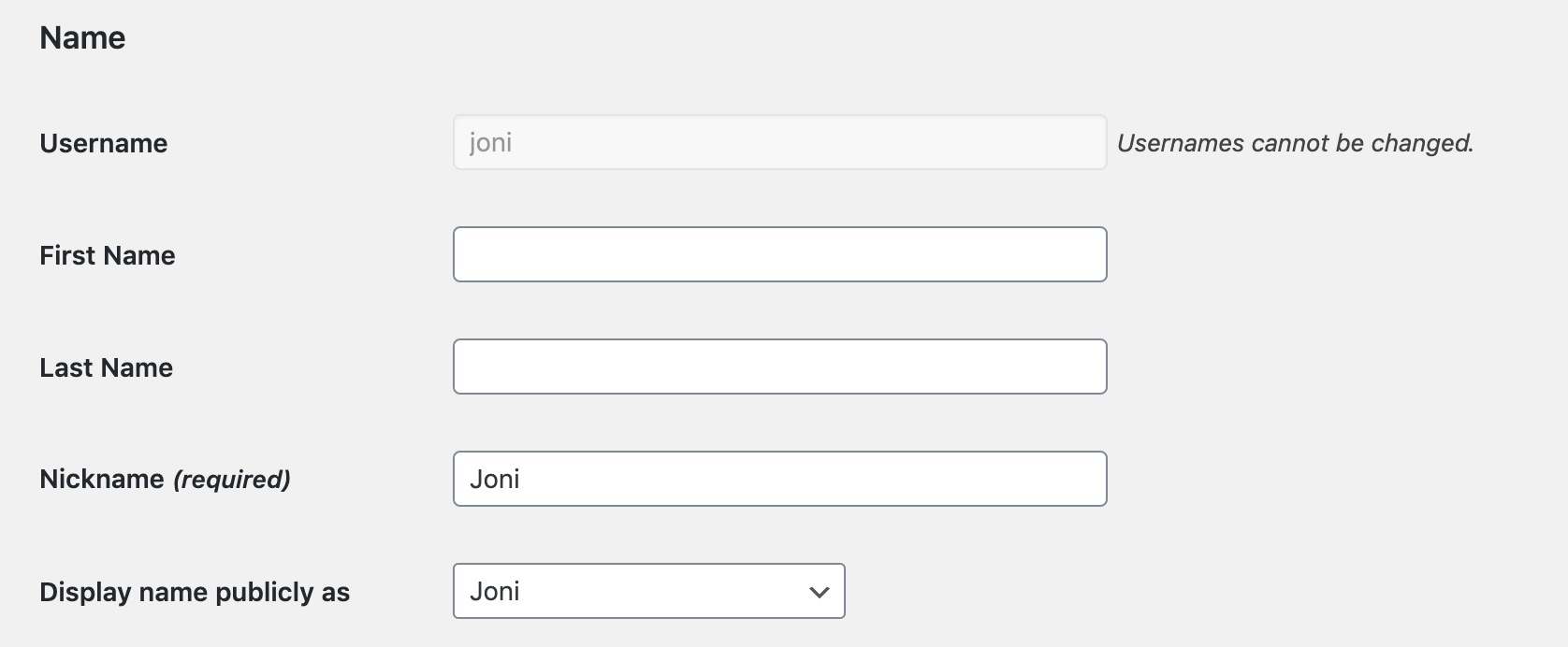 WordPress admin user screen, with the username, first name, last name, and nickname fields. The username and nickname fields are filled out.