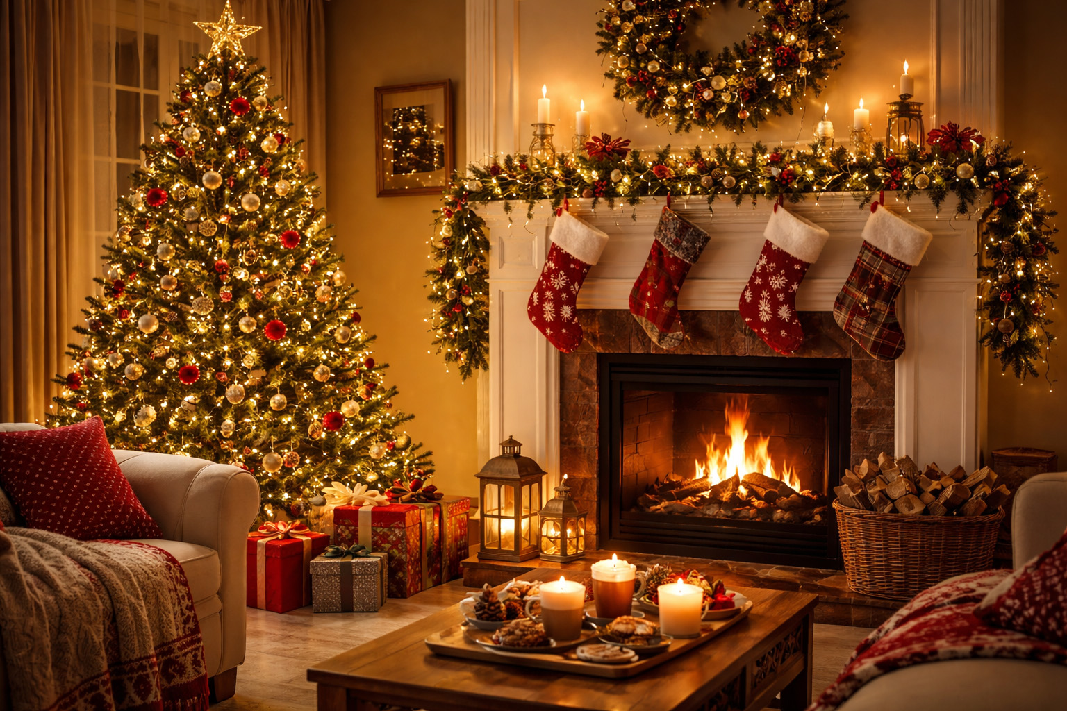 AI-generated image of a festive living room featuring a beautifully decorated Christmas tree and cozy fireplace.