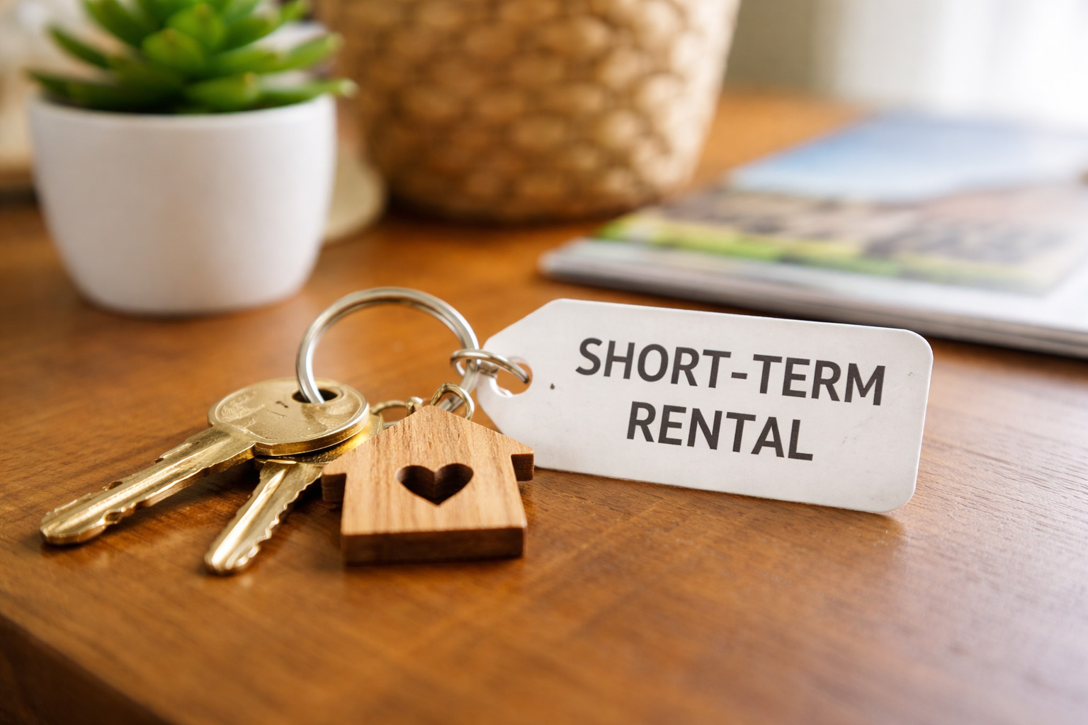 AI-generated image of a set of keys on a key chain that reads short-term rental, sitting on a wooden table.