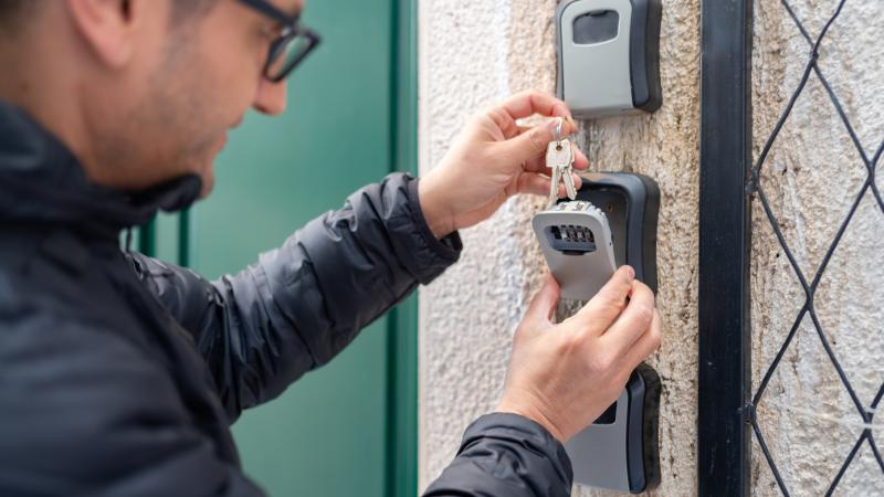 Original image of a person accessing the keys from a lock box on an exterior wall.